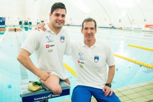 Darko ?uri?, Slovenian paralympic swimmer with his coach Alen Kramar during Media day of the National Paralympic Committee (NPC) of Slovenia, on April 26, 2016 in Olympic pool Radovljica, Slovenia. Photo by Vid Ponikvar / Sportida