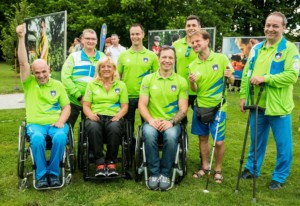 Athletes (L-R): Franci Pinter Anco, Damjan Pavlin, Veselka Pevec, Dejan Fabcic, Primoz Jeralic, Darko Duric, Sandi Novak and Francek Nani Tirsek at Opening of photo exhibition of Slovenian Paralympic Athletes before Rio 2016, on July 14, 2016 in Arboretum Volcji potok, Slovenia. Photo by Vid Ponikvar / Sportida
