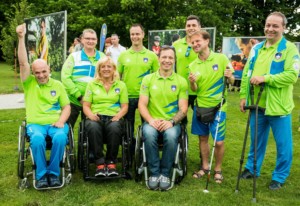 Athletes (L-R): Franci Pinter Anco, Damjan Pavlin, Veselka Pevec, Dejan Fabcic, Primoz Jeralic, Darko Duric, Sandi Novak and Francek Nani Tirsek at Opening of photo exhibition of Slovenian Paralympic Athletes before Rio 2016, on July 14, 2016 in Arboretum Volcji potok, Slovenia. Photo by Vid Ponikvar / Sportida