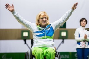 Winner Veselka Pevec of Slovenia celebrates at medal ceremony after the Final of R4 - Mixed 10m Air Rifle Standing SH2 on day 3 during the Rio 2016 Summer Paralympics Games on September 10, 2016 in Olympic Shooting Centre, Rio de Janeiro, Brazil. Photo by Vid Ponikvar / Sportida