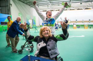 Winner Veselka Pevec of Slovenia and coach Polona Sladic celebrate after the Final of R4 - Mixed 10m Air Rifle Standing SH2 on day 3 during the Rio 2016 Summer Paralympics Games on September 10, 2016 in Olympic Shooting Centre, Rio de Janeiro, Brazil. Photo by Vid Ponikvar / Sportida