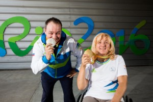 Francek Gorazd Tirsek - Nani of Slovenia and Veselka Pevec of Slovenia posing with a silver and gold medals Two days after the Final of R4 - Mixed 10m Air Rifle Standing SH2 on day 5 during the Rio 2016 Summer Paralympics Games on September 12, 2016 in Olympic Shooting Centre, Rio de Janeiro, Brazil. Photo by Vid Ponikvar / Sportida